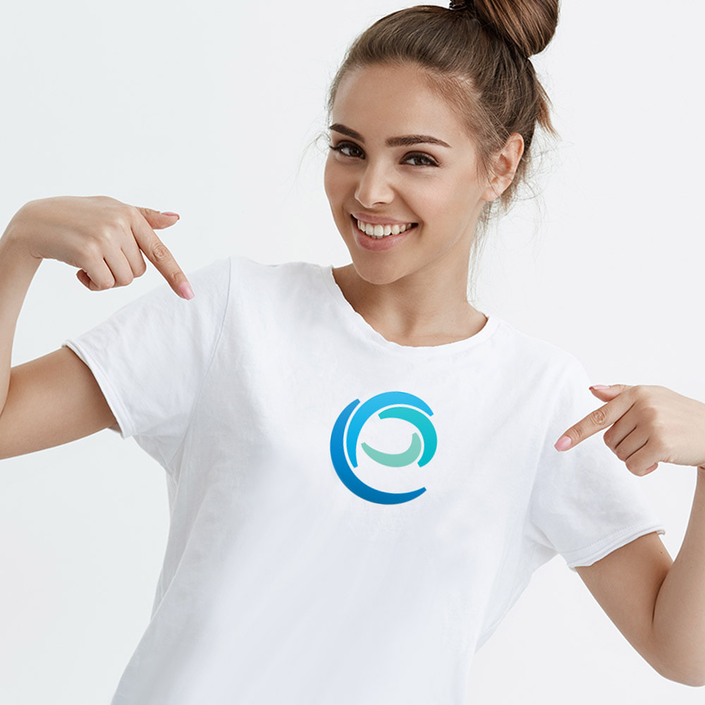 Woman wearing white tshirt with logo
